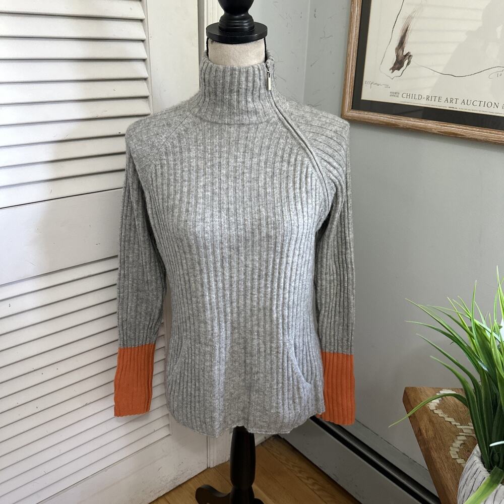 Emma Sofia Sweater Womens Large Gray Cashmere Colorblock Shoulder Zip Minimalist